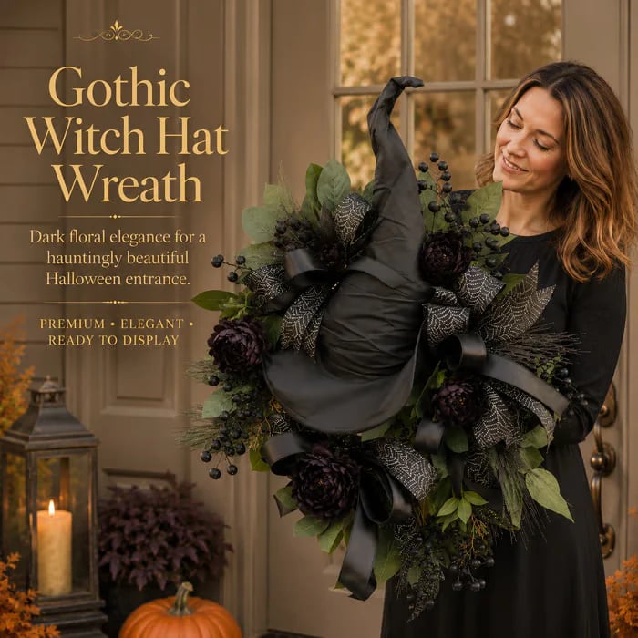 🧙Premium Gothic Black Rose Witch Hat Wreath – Haunting Elegant Halloween Front Door Statement Decor💋