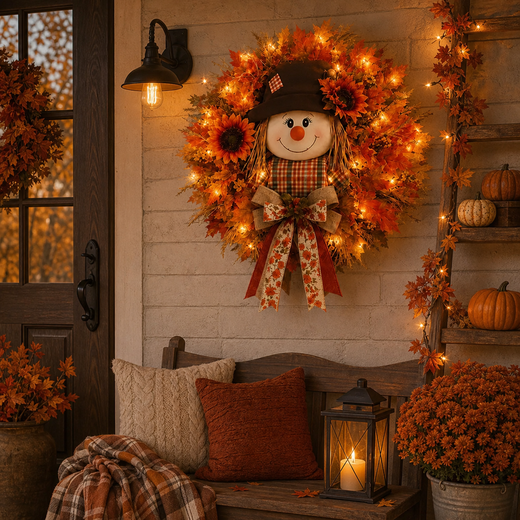 🔥🍁 Fall Favorite – Lighted Scarecrow Front Door Wreath💋
