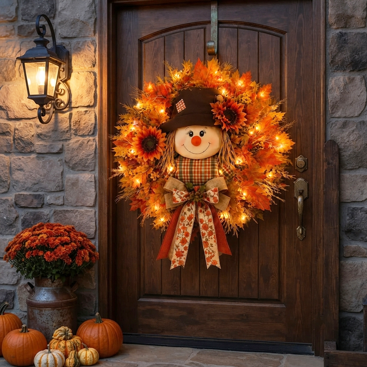 🔥🍁 Fall Favorite – Lighted Scarecrow Front Door Wreath💋