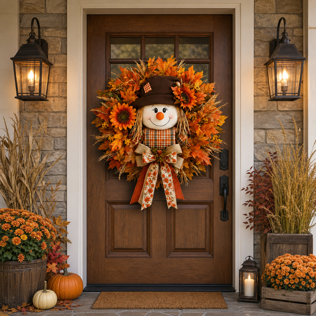 🔥🍁 Fall Favorite – Lighted Scarecrow Front Door Wreath💋
