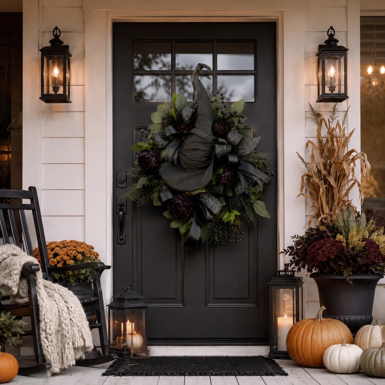 🧙Premium Gothic Black Rose Witch Hat Wreath – Haunting Elegant Halloween Front Door Statement Decor💋