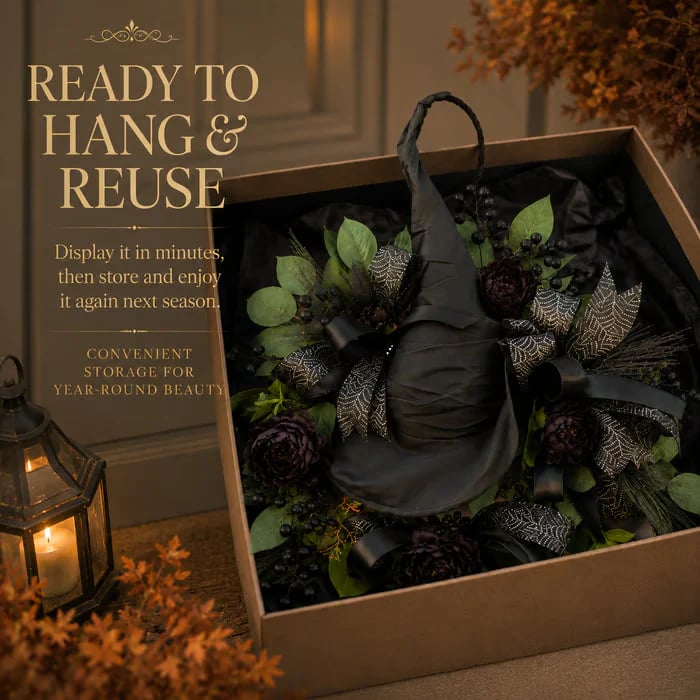 🧙Premium Gothic Black Rose Witch Hat Wreath – Haunting Elegant Halloween Front Door Statement Decor💋