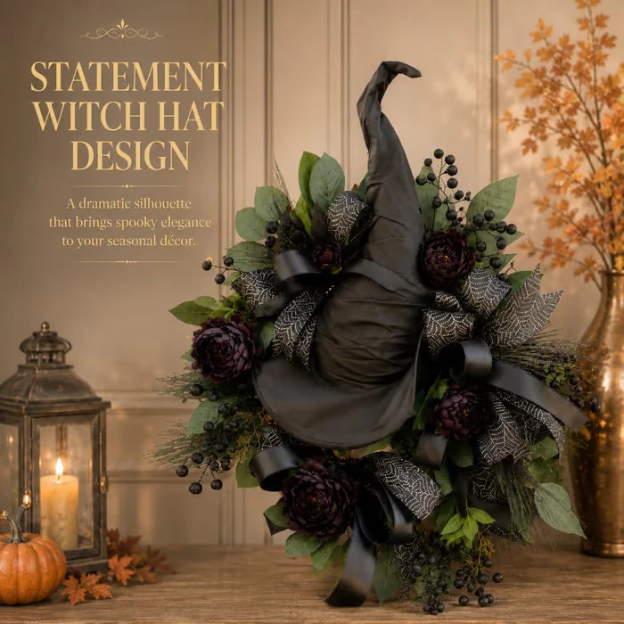 🧙Premium Gothic Black Rose Witch Hat Wreath – Haunting Elegant Halloween Front Door Statement Decor💋