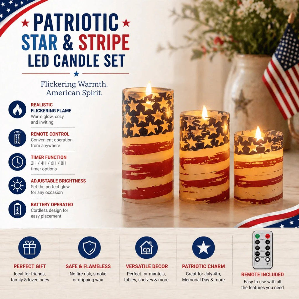 🕯️💡3-Piece Set - Patriotic Flameless Candles (With Remote Control)🏆