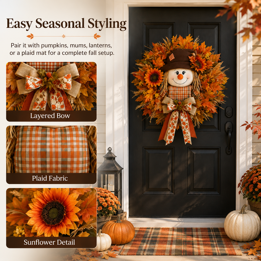 🔥🍁 Fall Favorite – Lighted Scarecrow Front Door Wreath💋