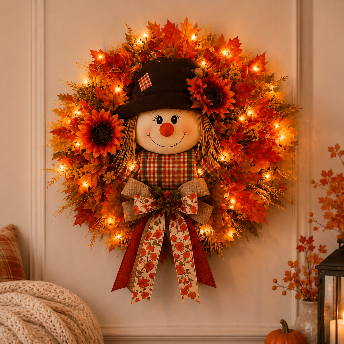🔥🍁 Fall Favorite – Lighted Scarecrow Front Door Wreath💋