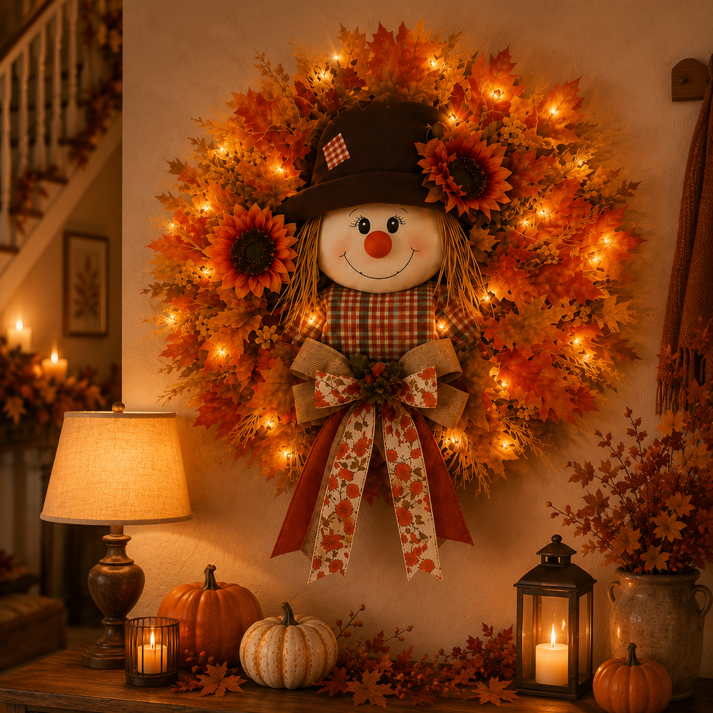 🔥🍁 Fall Favorite – Lighted Scarecrow Front Door Wreath💋