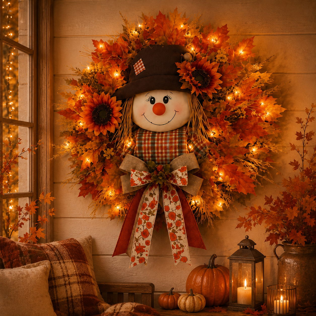 🔥🍁 Fall Favorite – Lighted Scarecrow Front Door Wreath💋