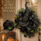 🧙Premium Gothic Black Rose Witch Hat Wreath – Haunting Elegant Halloween Front Door Statement Decor💋