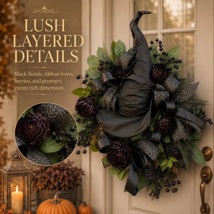 🧙Premium Gothic Black Rose Witch Hat Wreath – Haunting Elegant Halloween Front Door Statement Decor💋