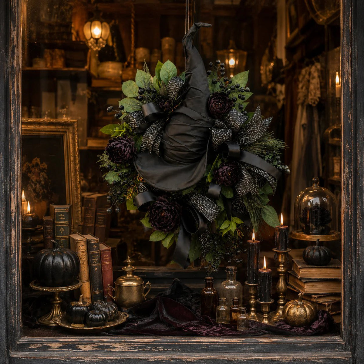 🧙Premium Gothic Black Rose Witch Hat Wreath – Haunting Elegant Halloween Front Door Statement Decor💋